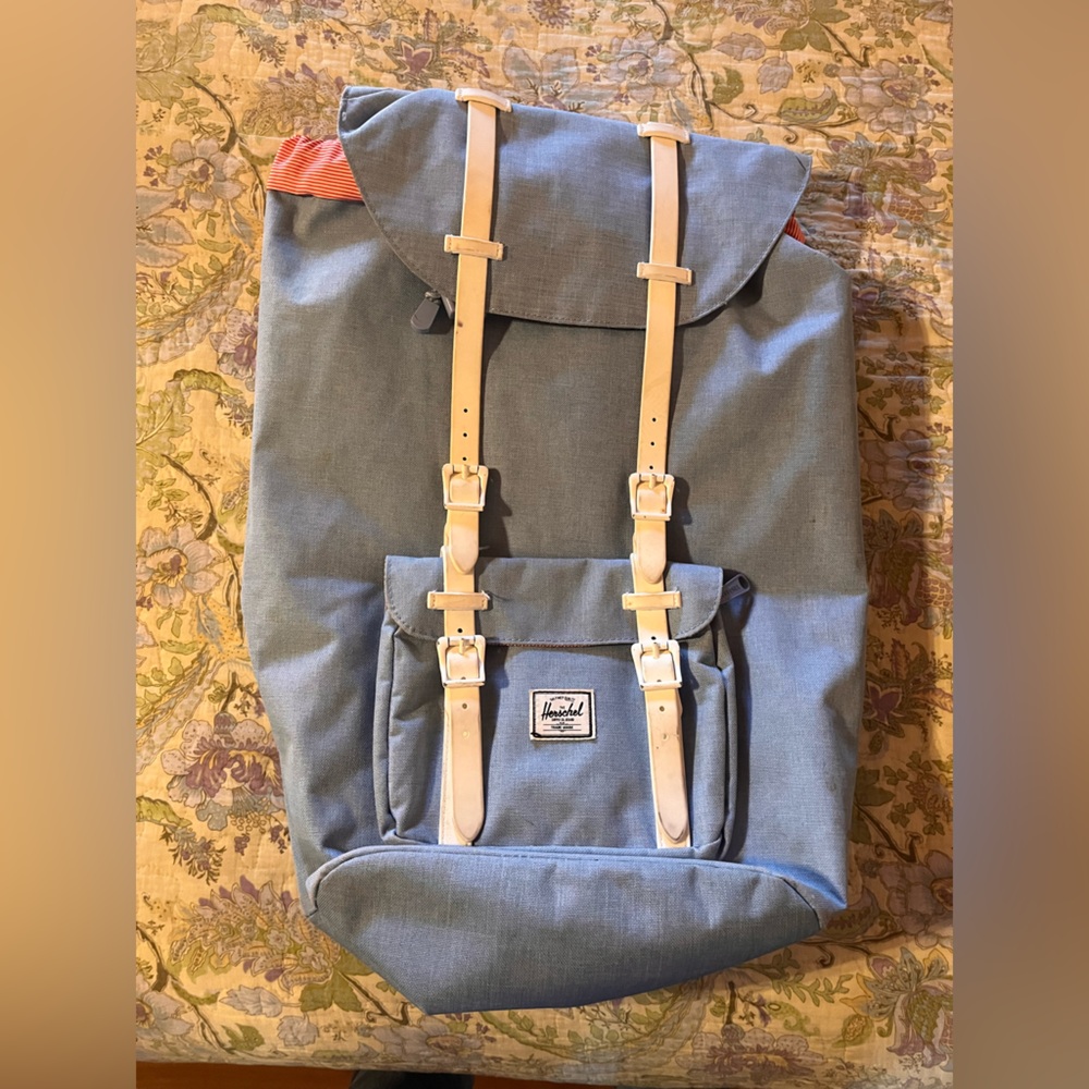 Light Blue Herschel Backpack with White Straps